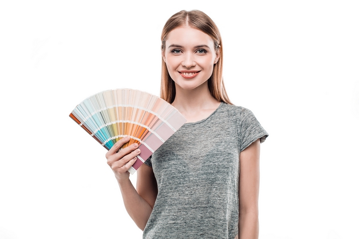 Painter Woman With Colourful Design Swatches On White Background